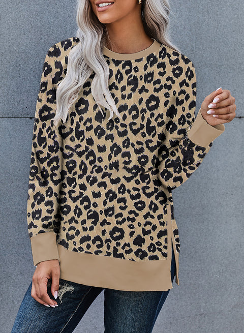 Women's Round Neck Long Sleeve Leopard Print Loose Fit Sweatshirt