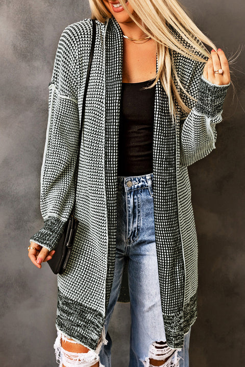 Black Plaid Knitted Long Open Front Cardigan