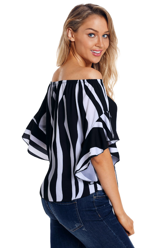 Off The Shoulder Vertical Stripes Blouse in Black