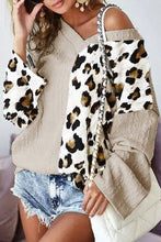 Beige Asymmetric Leopard Patchwork Wide Sleeve V Neck Sweater