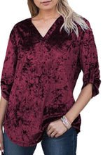 V Neck Roll-tab Sleeve Velvet Top