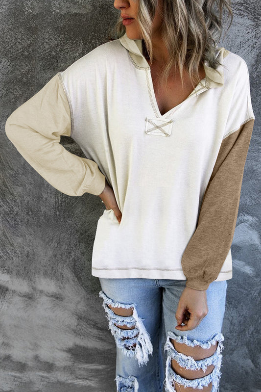 Colorblock V Neck Long Sleeve Hoodie