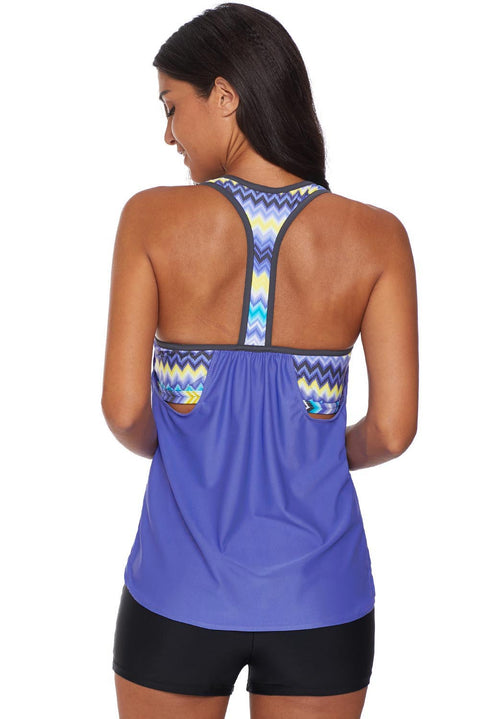 Blouson Striped Printed Strappy T-Back Push up Tankini Top