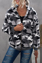 Camo Print Zipper Fleece Hooded Coat with Pockets