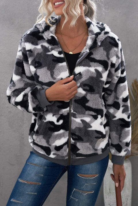 Camo Print Zipper Fleece Hooded Coat with Pockets