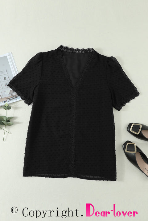 Lace Splicing V-Neck Swiss Dot Short Sleeve Top