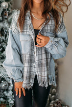 Plaid Patchwork Fringed Flap Pockets Denim Jacket