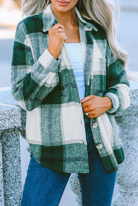 Plaid Color Block Buttoned Long Sleeve Jacket with Pocket