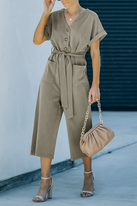 Khaki V Neck Pocketed Jumpsuit