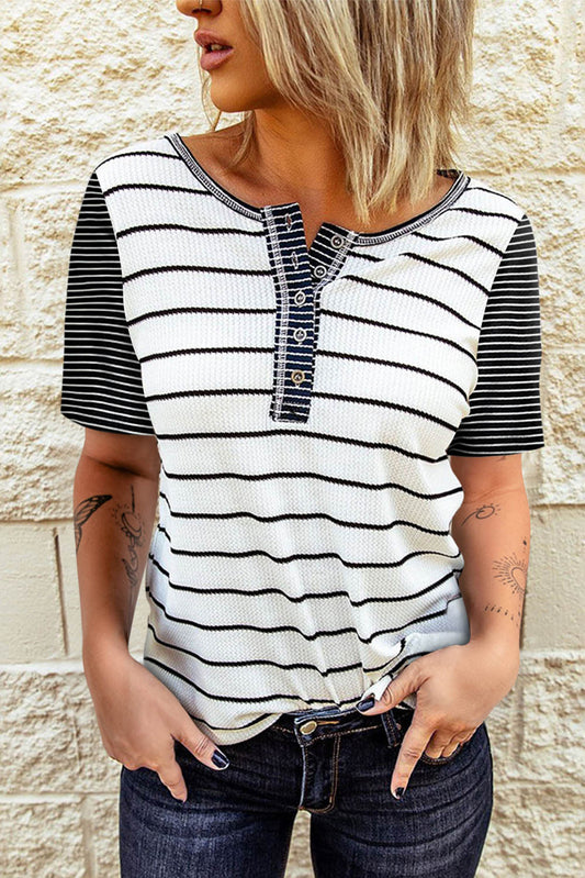 Striped Colorblock Buttons T Shirt