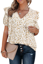 Floral Print Smocked Ruffled V Neck T-shirt