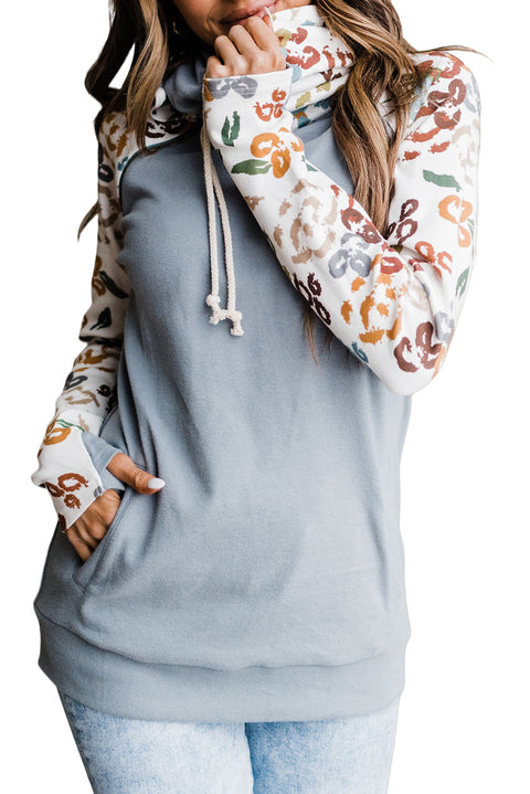 Print Sleeve Patchwork Hoodie with Pocket