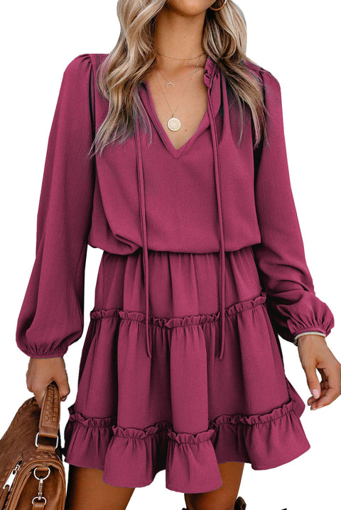 V Neck Long Sleeve Ruffle Tiered Mini Dress