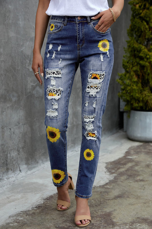 Patchwork Sunflower Print Distressed High Waist Jeans