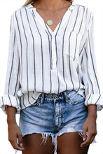 /Blue Striped V Neck Pocket Long Sleeve Top - HannaBanna Clothing