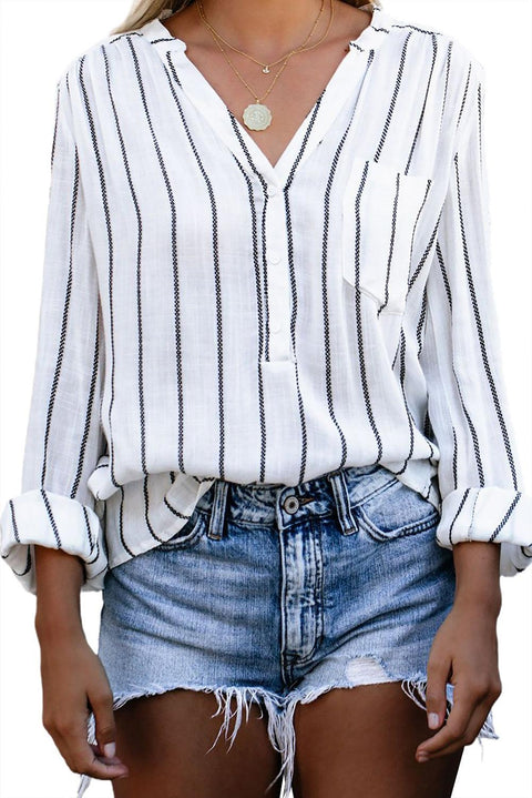 /Blue Striped V Neck Pocket Long Sleeve Top - HannaBanna Clothing