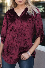 V Neck Roll-tab Sleeve Velvet Top