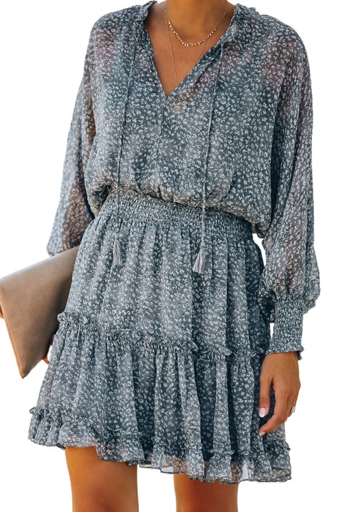 Print Smocked Puff Sleeve Tiered Ruffled Mini Dress