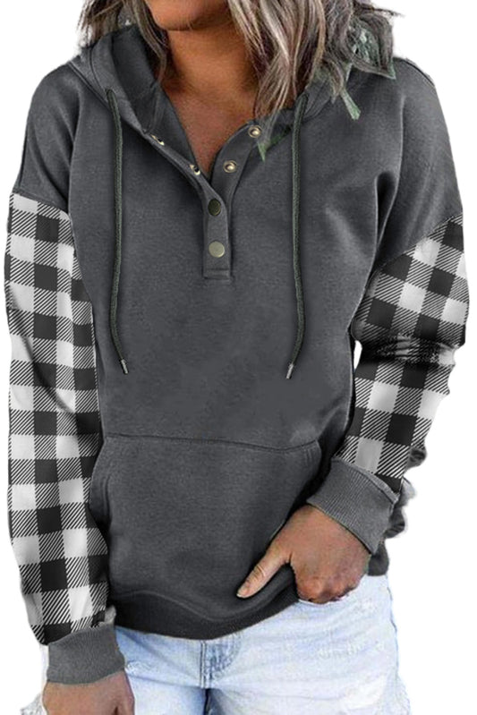 Plaid Snap Button Pullover Hoodie with Pocket