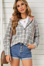 Khaki Drawstring Plaid Hooded Shirt Coat